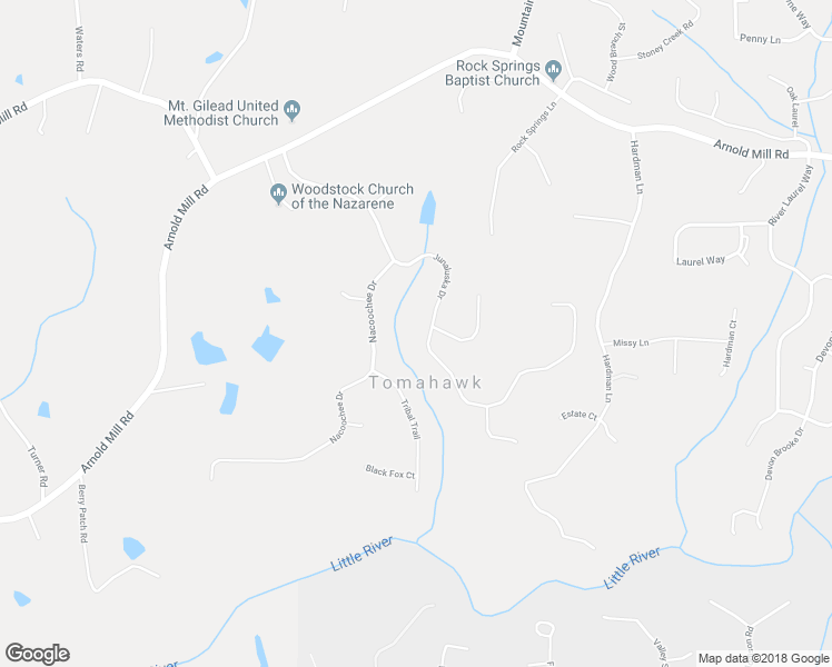 map of restaurants, bars, coffee shops, grocery stores, and more near 132 Junaluska Drive in Woodstock