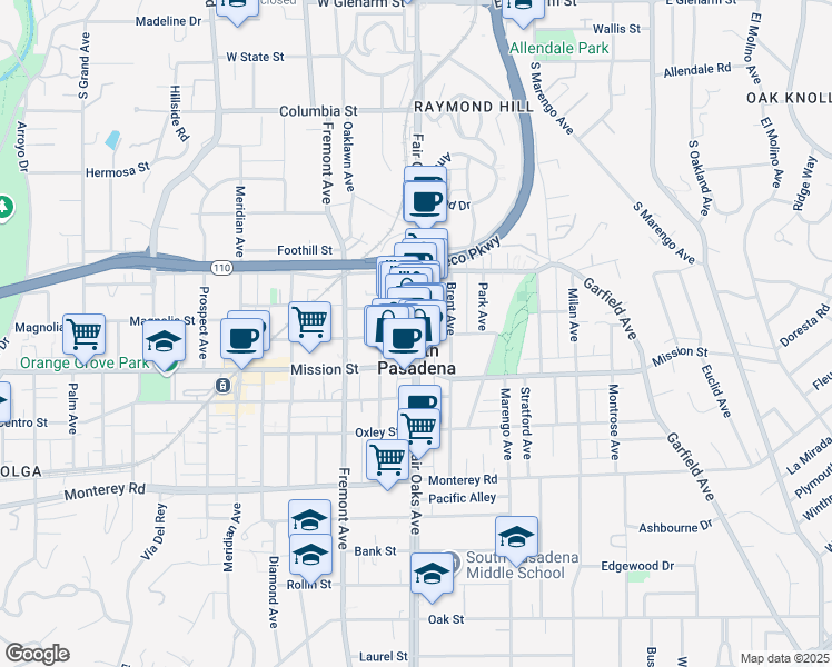 map of restaurants, bars, coffee shops, grocery stores, and more near 767 Fair Oaks Avenue in South Pasadena