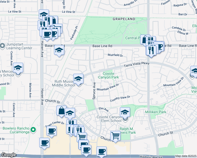 map of restaurants, bars, coffee shops, grocery stores, and more near 10935 Terra Vista Parkway in Rancho Cucamonga
