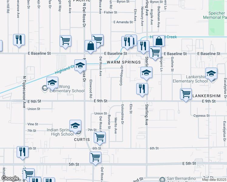 map of restaurants, bars, coffee shops, grocery stores, and more near 7535 Bonnie Street in San Bernardino