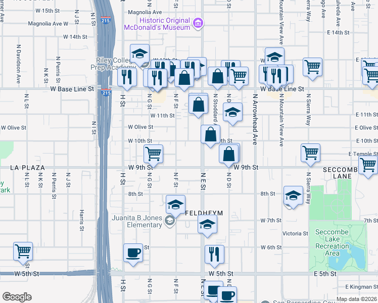 map of restaurants, bars, coffee shops, grocery stores, and more near 1150 North Acacia Avenue in San Bernardino