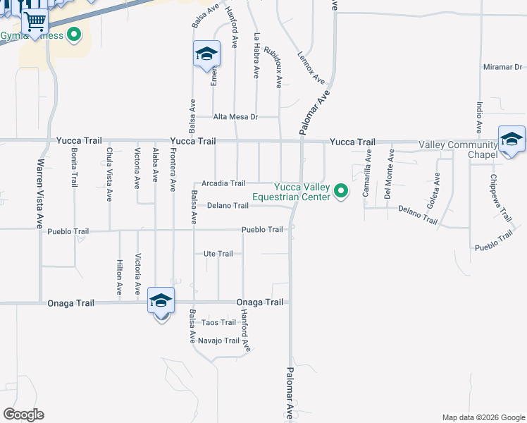 map of restaurants, bars, coffee shops, grocery stores, and more near 58292 Delano Trail in Yucca Valley