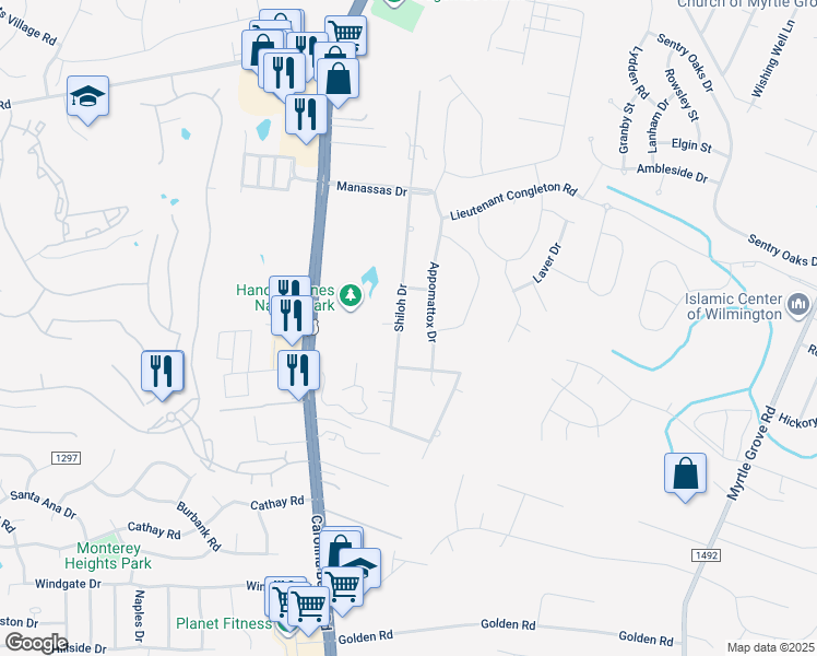 map of restaurants, bars, coffee shops, grocery stores, and more near 6113 Shiloh Drive in Wilmington