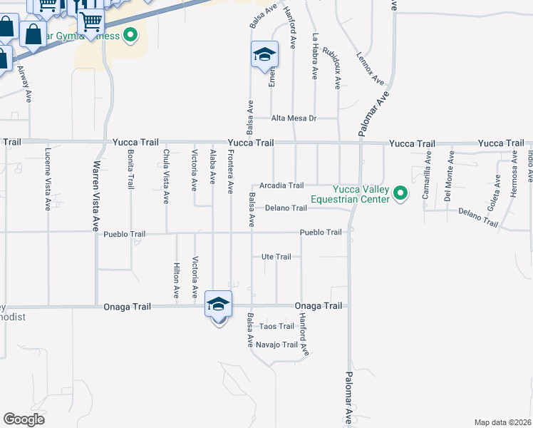 map of restaurants, bars, coffee shops, grocery stores, and more near 7447 Balsa Avenue in Yucca Valley