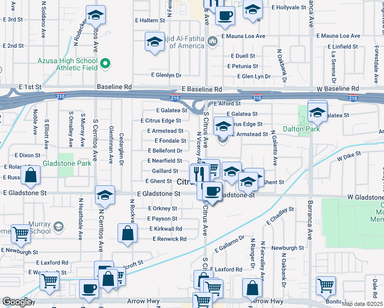 map of restaurants, bars, coffee shops, grocery stores, and more near 5739 North Viceroy Avenue in Azusa