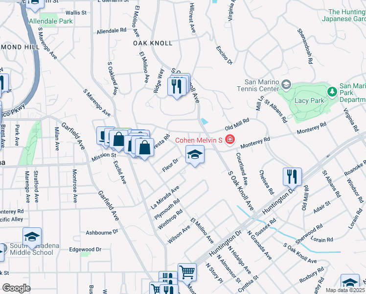 map of restaurants, bars, coffee shops, grocery stores, and more near 1670 Ramiro Road in Pasadena