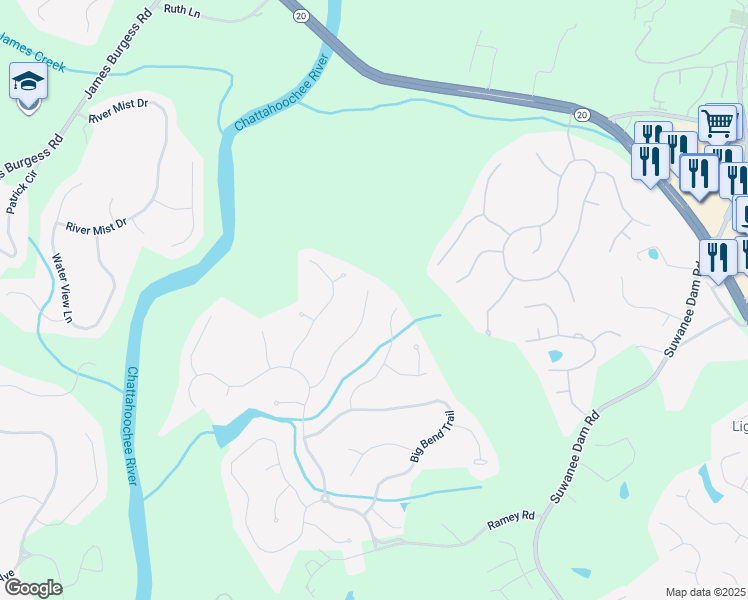 map of restaurants, bars, coffee shops, grocery stores, and more near 451 Spring Willow Drive Northwest in Sugar Hill