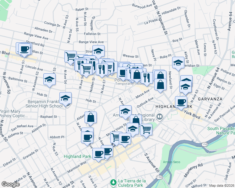 map of restaurants, bars, coffee shops, grocery stores, and more near 5777 Aldama Street in Los Angeles