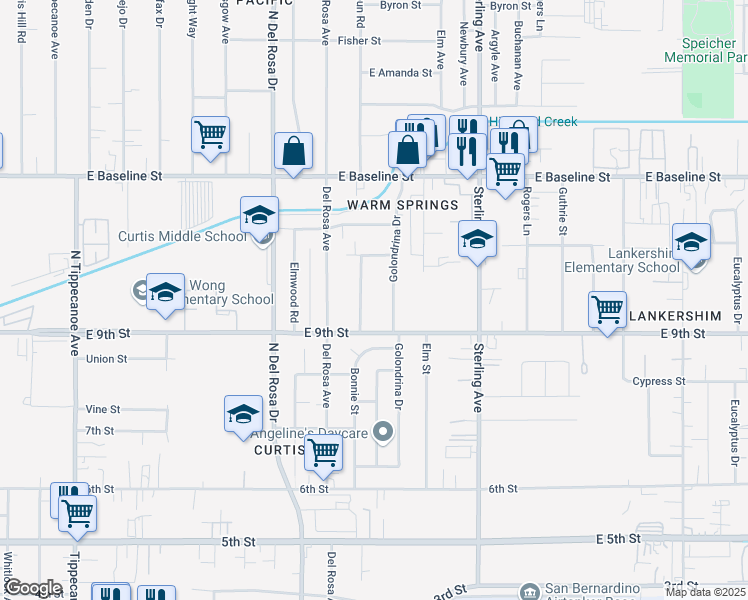 map of restaurants, bars, coffee shops, grocery stores, and more near 7535 Bonnie Street in San Bernardino