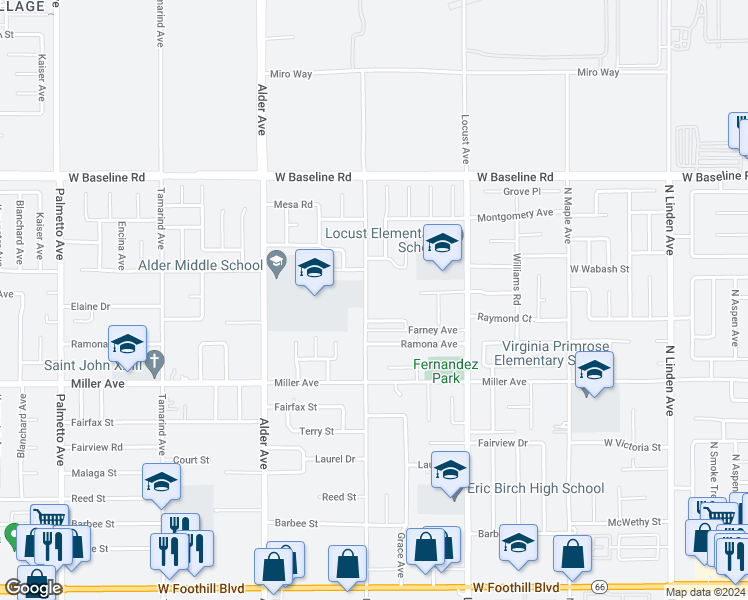 map of restaurants, bars, coffee shops, grocery stores, and more near 7539 Laurel Avenue in Fontana
