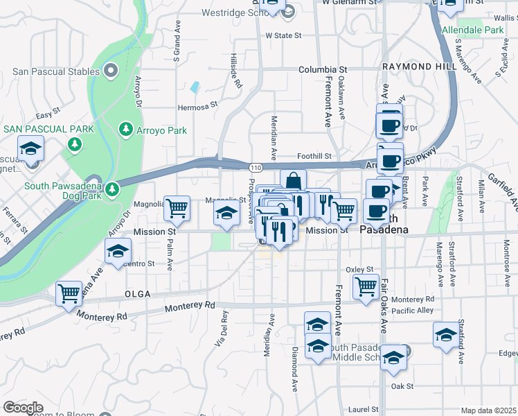 map of restaurants, bars, coffee shops, grocery stores, and more near 706 Prospect Avenue in South Pasadena