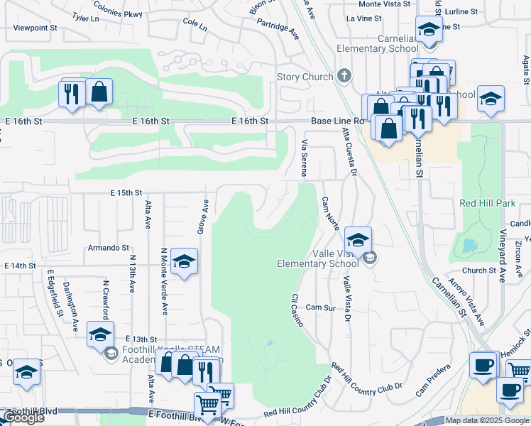 map of restaurants, bars, coffee shops, grocery stores, and more near 7586 Cerrito Rojo Drive in Rancho Cucamonga