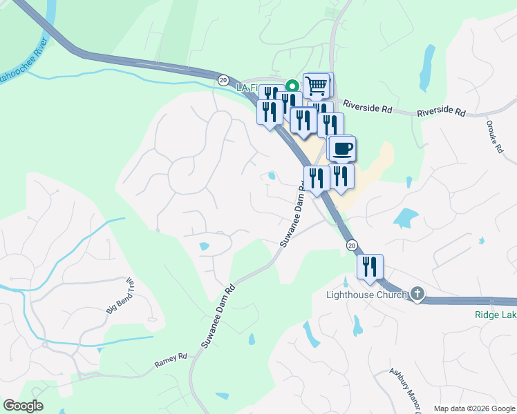 map of restaurants, bars, coffee shops, grocery stores, and more near 5870 Lanier Valley Parkway in Buford