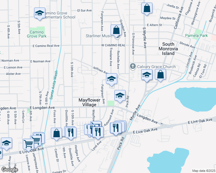map of restaurants, bars, coffee shops, grocery stores, and more near 2655 Treelane Avenue in Arcadia