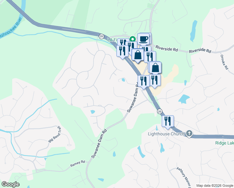 map of restaurants, bars, coffee shops, grocery stores, and more near 5870 Lanier Valley Parkway in Buford