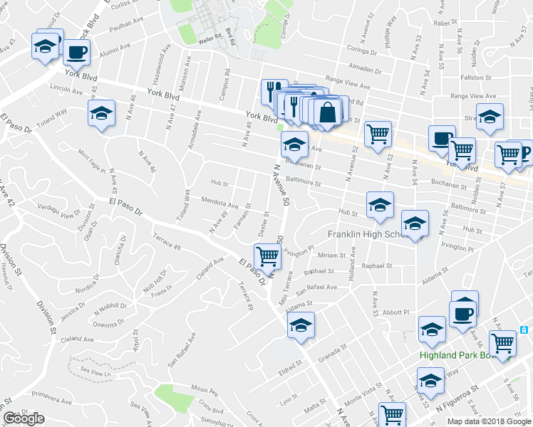 map of restaurants, bars, coffee shops, grocery stores, and more near Dexter Street in Los Angeles
