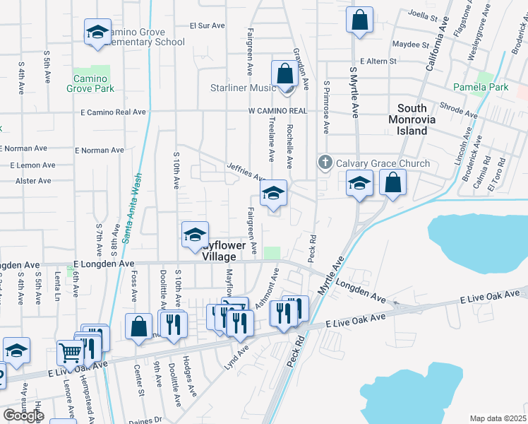 map of restaurants, bars, coffee shops, grocery stores, and more near 2655 Treelane Avenue in Arcadia