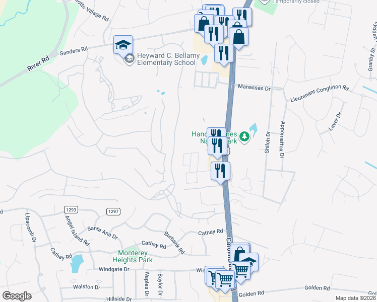 map of restaurants, bars, coffee shops, grocery stores, and more near 6140 Carolina Beach Road in Wilmington