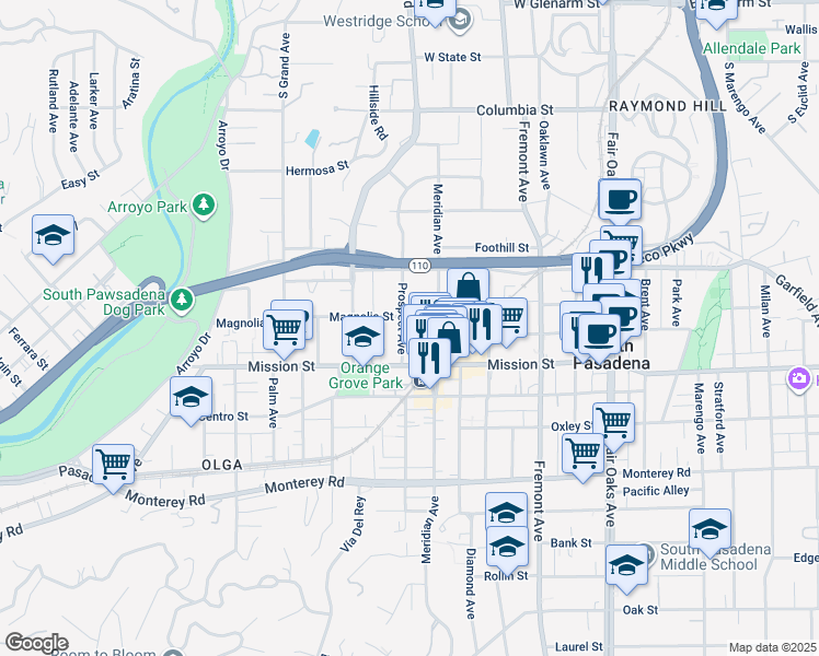map of restaurants, bars, coffee shops, grocery stores, and more near 706 Prospect Avenue in South Pasadena