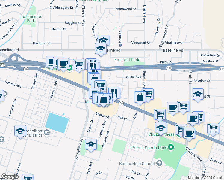 map of restaurants, bars, coffee shops, grocery stores, and more near 1607 Grant Place in La Verne