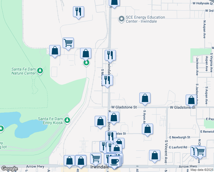 map of restaurants, bars, coffee shops, grocery stores, and more near 333 South Irwindale Avenue in Azusa