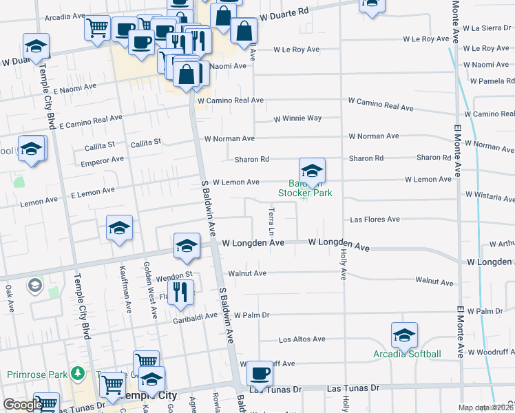 map of restaurants, bars, coffee shops, grocery stores, and more near 613 Wistaria Avenue in Arcadia
