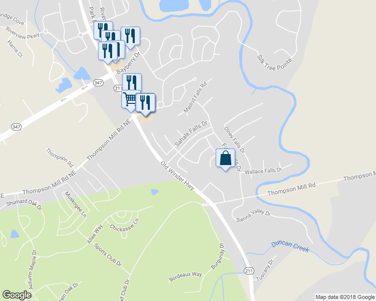 map of restaurants, bars, coffee shops, grocery stores, and more near 1418 Kilchis Falls Way in Braselton