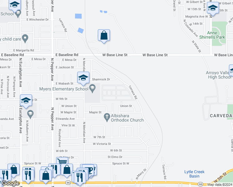 map of restaurants, bars, coffee shops, grocery stores, and more near 1010 Terrace Road in San Bernardino