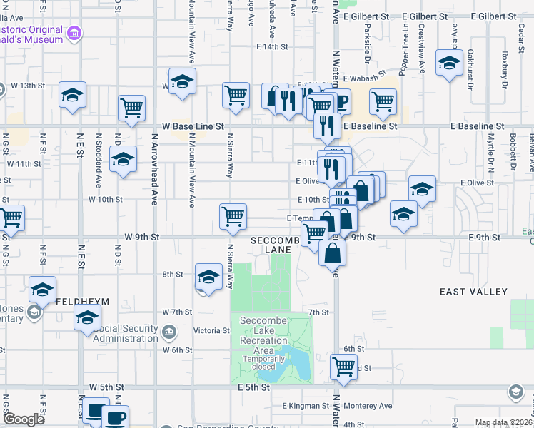 map of restaurants, bars, coffee shops, grocery stores, and more near 188 East Temple Street in San Bernardino