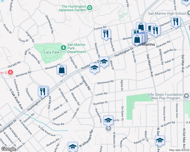 map of restaurants, bars, coffee shops, grocery stores, and more near 1650 Huntington Drive in San Marino