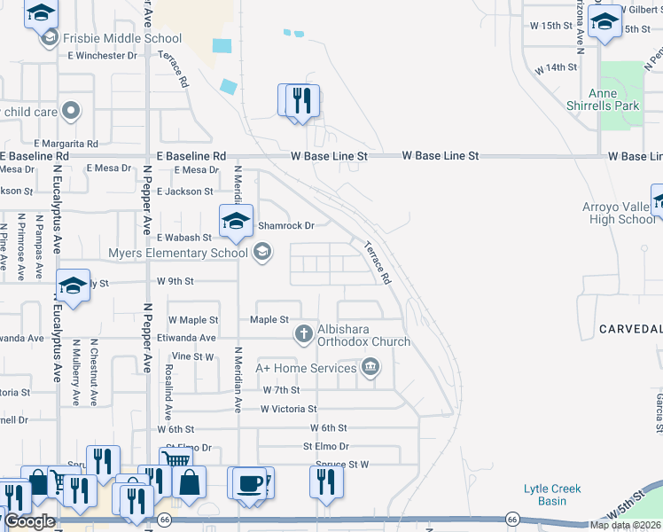 map of restaurants, bars, coffee shops, grocery stores, and more near 1010 Terrace Road in San Bernardino