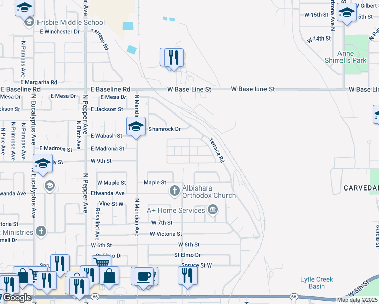 map of restaurants, bars, coffee shops, grocery stores, and more near 1010 Terrace Road in San Bernardino