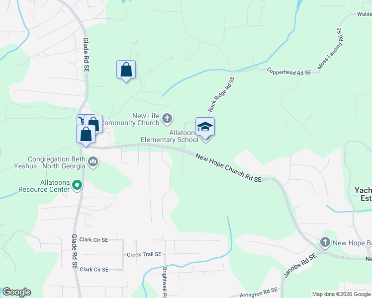 map of restaurants, bars, coffee shops, grocery stores, and more near 4210 New Hope Church Road Southeast in Acworth