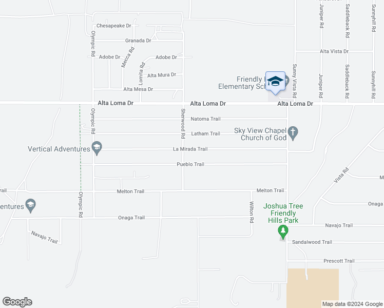 map of restaurants, bars, coffee shops, grocery stores, and more near 60535 La Mirada Trail in Joshua Tree