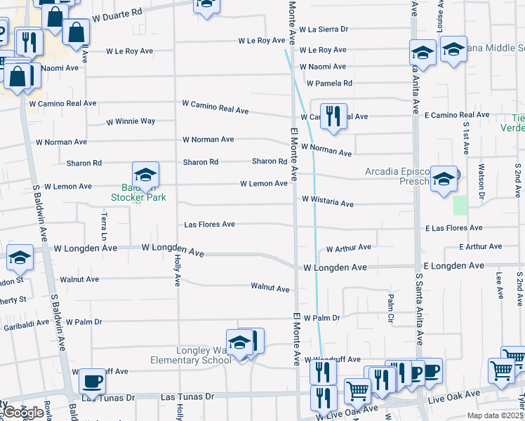 map of restaurants, bars, coffee shops, grocery stores, and more near 263 West Wistaria Avenue in Arcadia