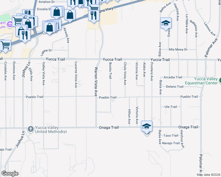 map of restaurants, bars, coffee shops, grocery stores, and more near Bonita Trail in Yucca Valley