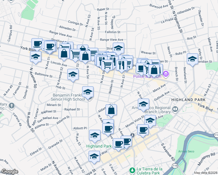 map of restaurants, bars, coffee shops, grocery stores, and more near 5632 Baltimore Street in Los Angeles
