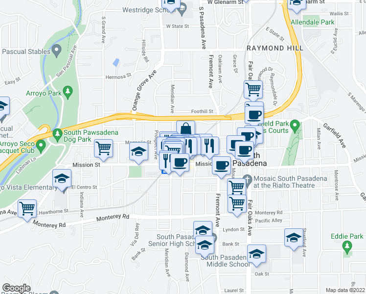 map of restaurants, bars, coffee shops, grocery stores, and more near 719 Hope Court in South Pasadena