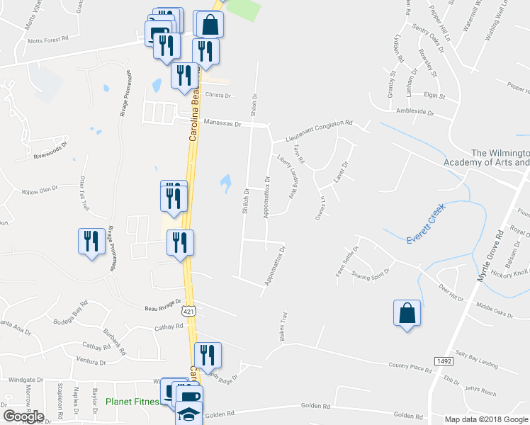 map of restaurants, bars, coffee shops, grocery stores, and more near Chancellorsville Drive in Wilmington