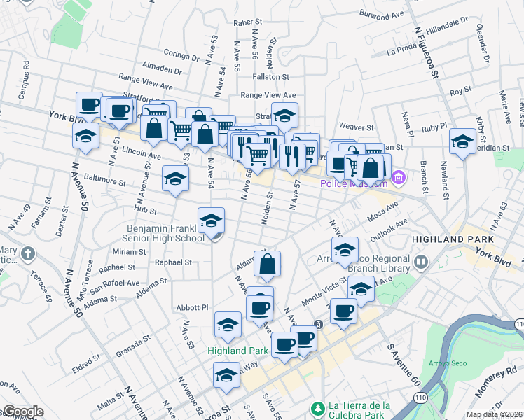 map of restaurants, bars, coffee shops, grocery stores, and more near 5655 Baltimore Street in Los Angeles