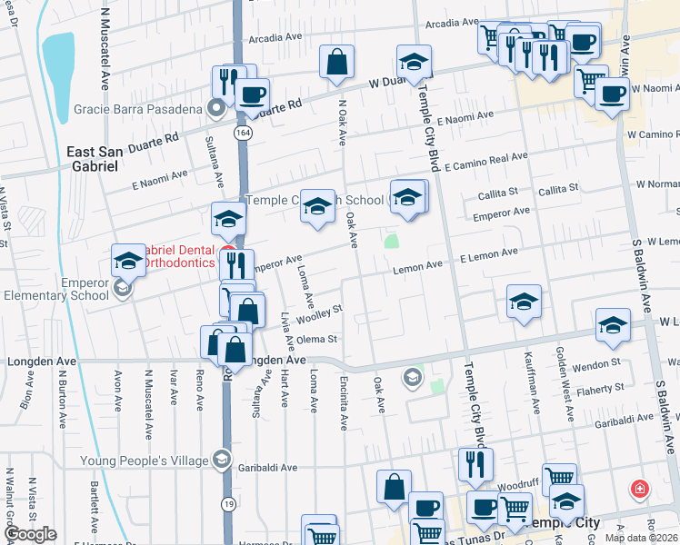 map of restaurants, bars, coffee shops, grocery stores, and more near 9192 Jaylee Drive in Temple City