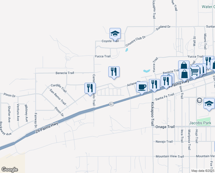 map of restaurants, bars, coffee shops, grocery stores, and more near 54999 Martinez Trail in Yucca Valley