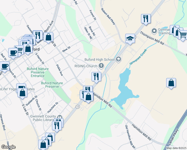 map of restaurants, bars, coffee shops, grocery stores, and more near 315 Mimosa Drive in Buford