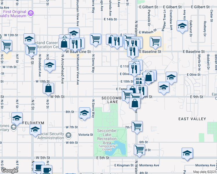 map of restaurants, bars, coffee shops, grocery stores, and more near 188 East Temple Street in San Bernardino
