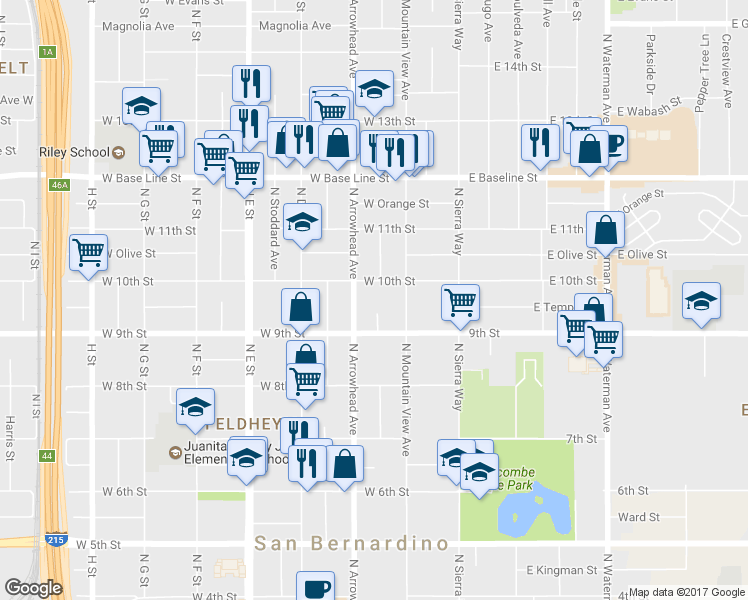 map of restaurants, bars, coffee shops, grocery stores, and more near 995 North Arrowhead Avenue in San Bernardino