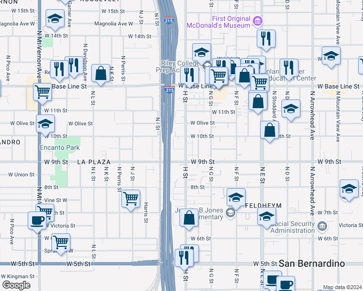 map of restaurants, bars, coffee shops, grocery stores, and more near 829 West 10th Street in San Bernardino