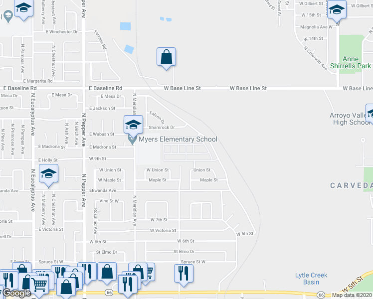 map of restaurants, bars, coffee shops, grocery stores, and more near 1010 Terrace Road in San Bernardino