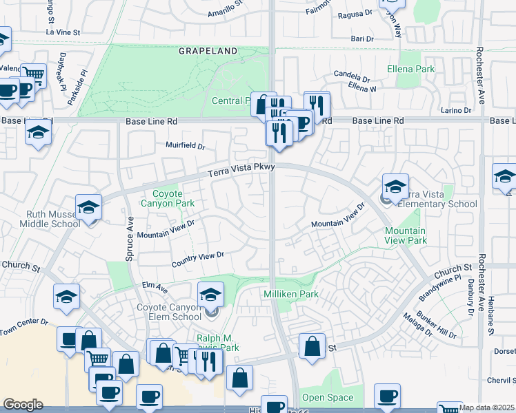 map of restaurants, bars, coffee shops, grocery stores, and more near 11253 Terra Vista Parkway in Rancho Cucamonga