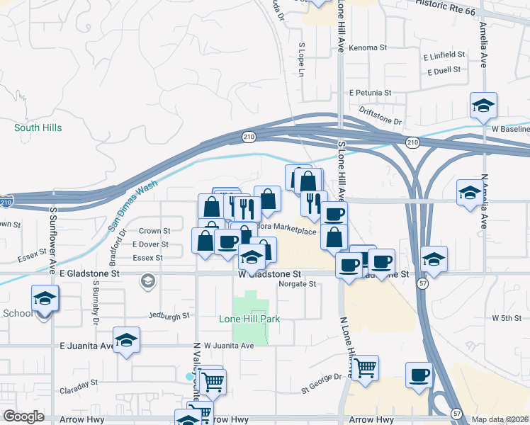 map of restaurants, bars, coffee shops, grocery stores, and more near 1229 South Lone Hill Avenue in Glendora