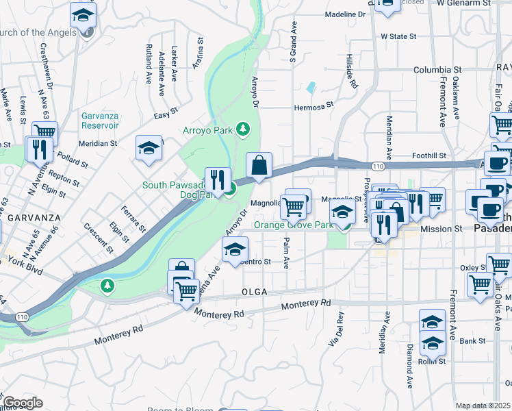 map of restaurants, bars, coffee shops, grocery stores, and more near 660 Arroyo Drive in South Pasadena